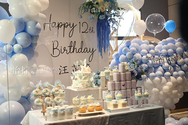 蓝色女孩12岁生日成人礼氛围场景布置装饰气球背景墙kt板-图四