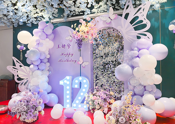 紫色镂空蝴蝶女孩生日派对气球背景布置 成人礼背景板-图二