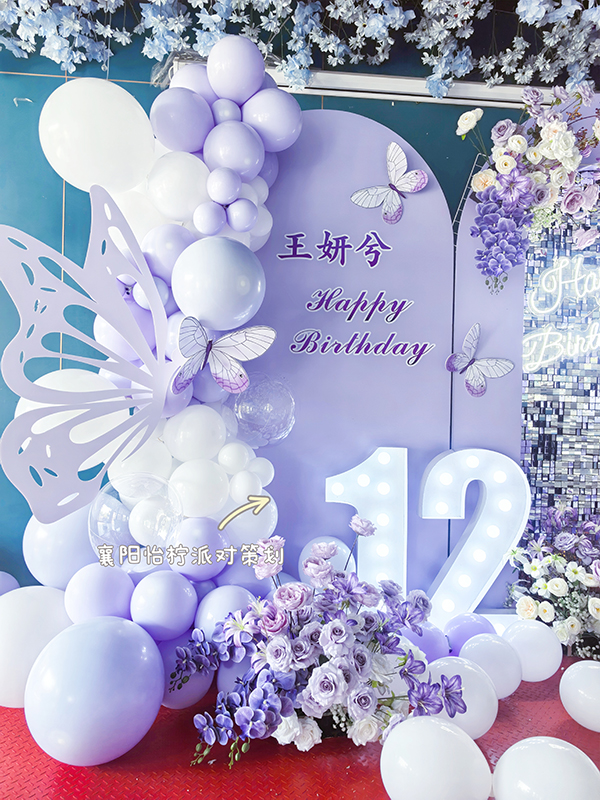 紫色镂空蝴蝶女孩生日派对气球背景布置 成人礼背景板-图三