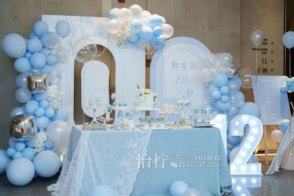 襄阳超温柔清爽的蓝色生日布置和甜品台