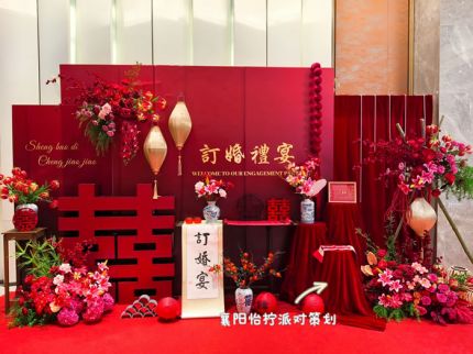 红色新中式国风订婚宴婚礼回门答谢宴迎宾区舞台背景布置