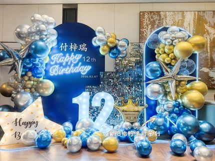 金属蓝色主题儿童男孩12十岁生日场景布置装饰气球派对KT板背景墙